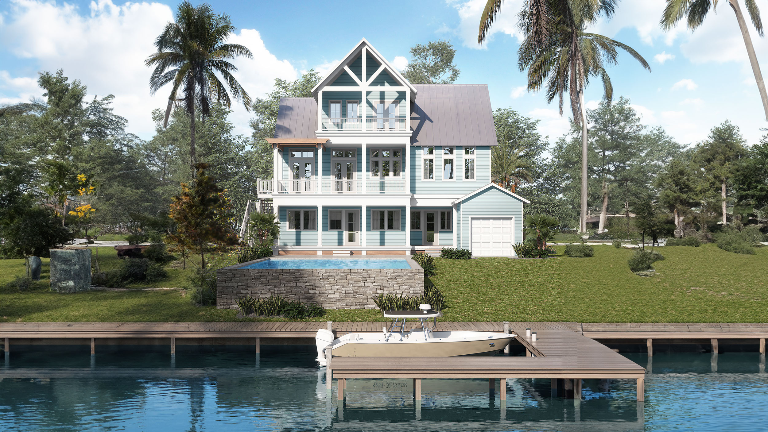 Outdoor area of 1022 St. John's Court with pool and palm trees 