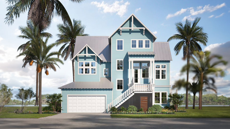 Exterior view of elegant coastal home with sky blue paint, framed by palm trees in Rockport, TX.