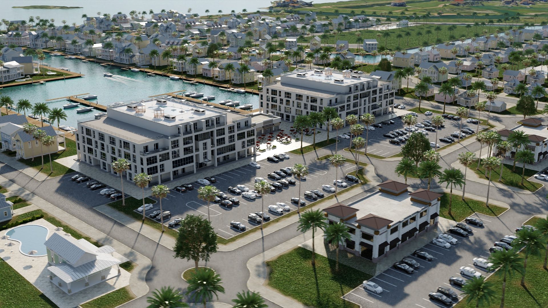 Luxury hotel in front of the waterfront homes