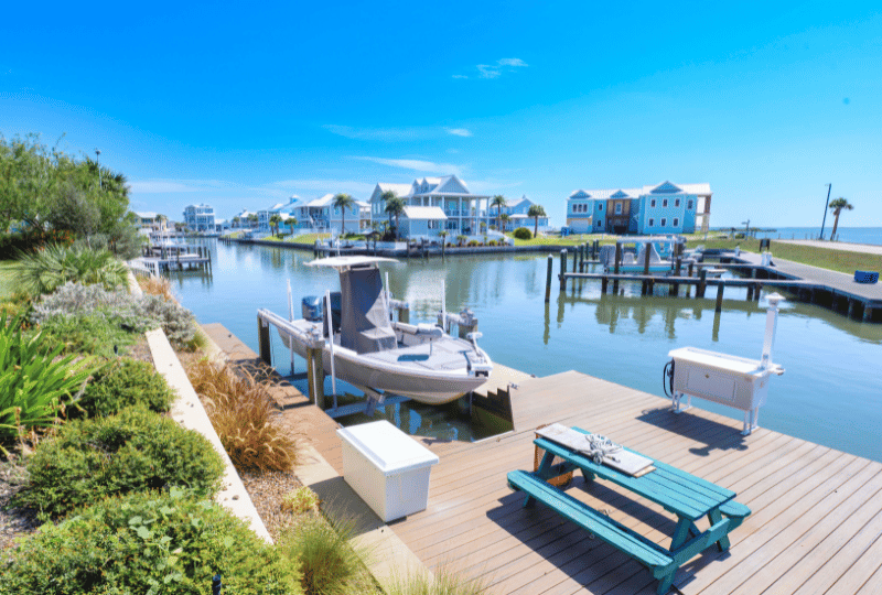 Private boat dock and ramp at Islands of Rockport home lot